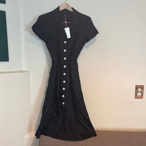 Quince Black Midi Dress with White Buttons